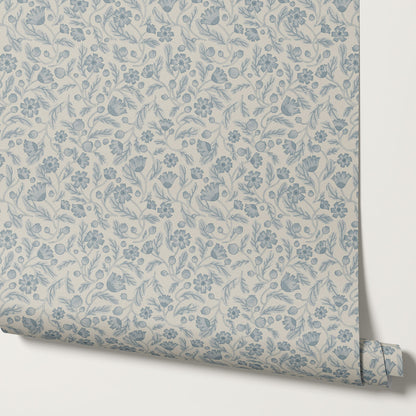 Odile Frenchie Blooms Blue Gray Wallpaper