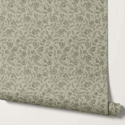 Odile Frenchie Blooms Sage Wallpaper