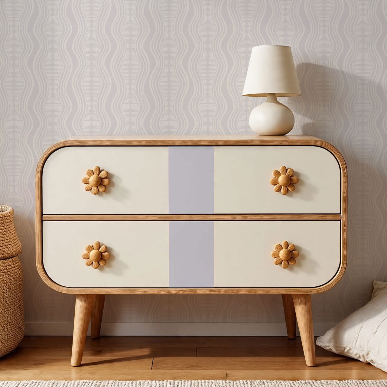 Olive Wavy Lilac Stripes Wallpaper