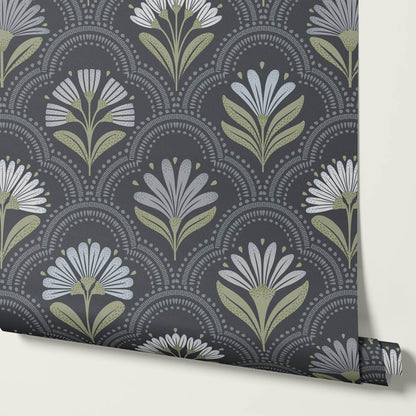 Petra Scandinavian Folk Flower Slate Sage Sky Wallpaper