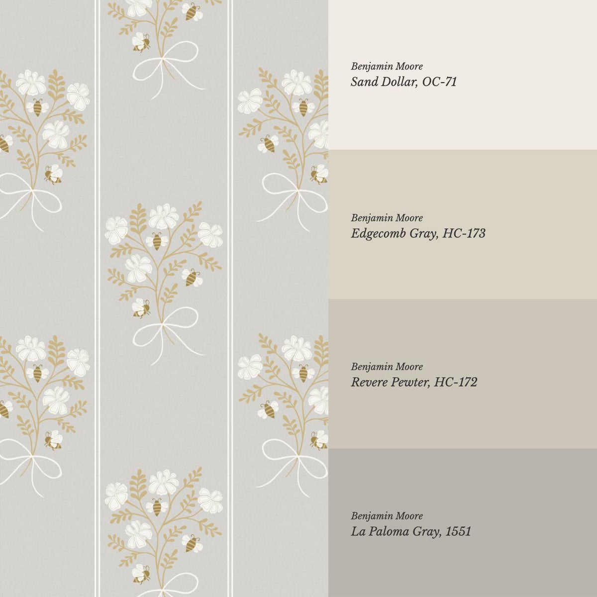 Pipa Blossom Bees Dove Gray Beige Wallpaper