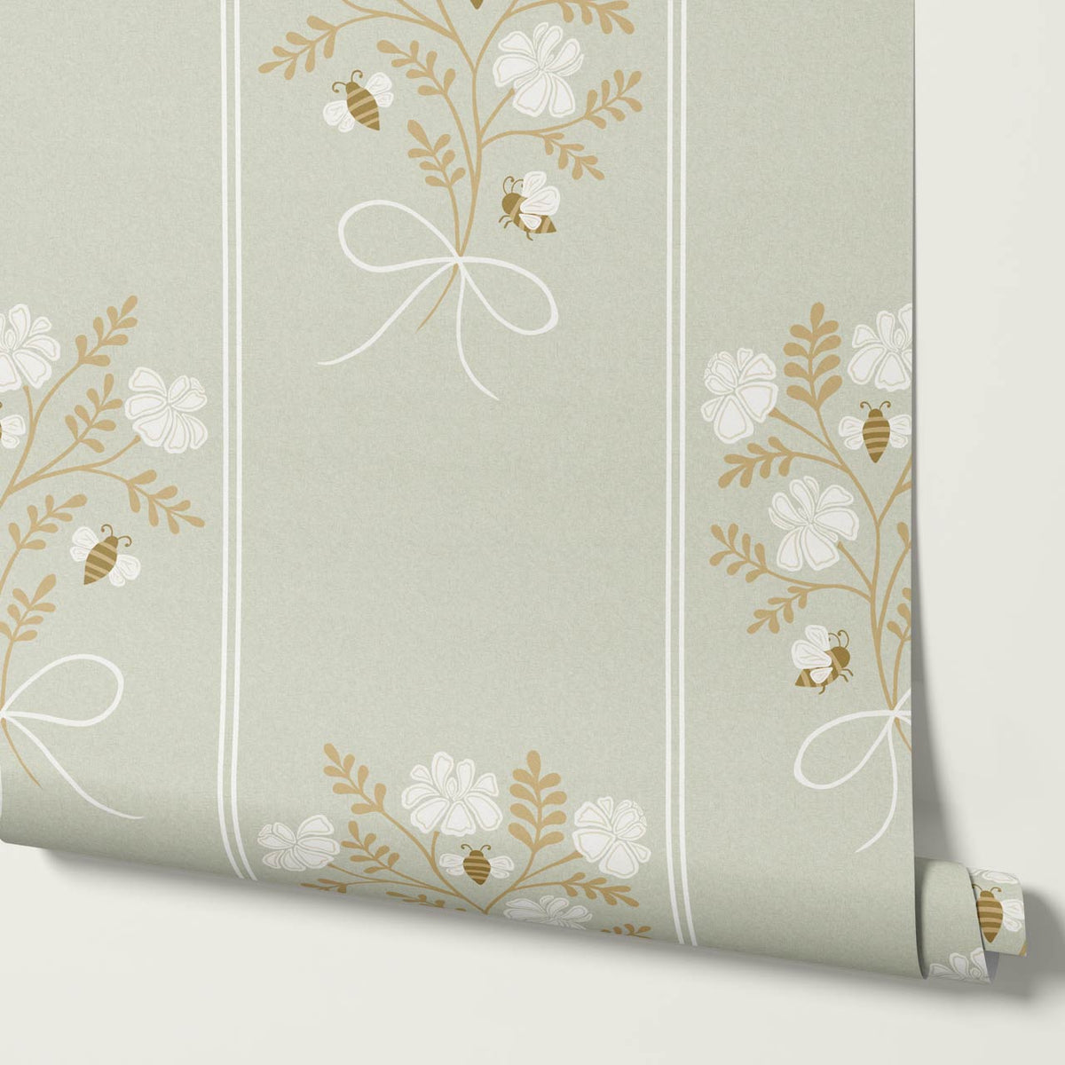 Pipa Blossom Bees Pale Mint Beige Wallpaper
