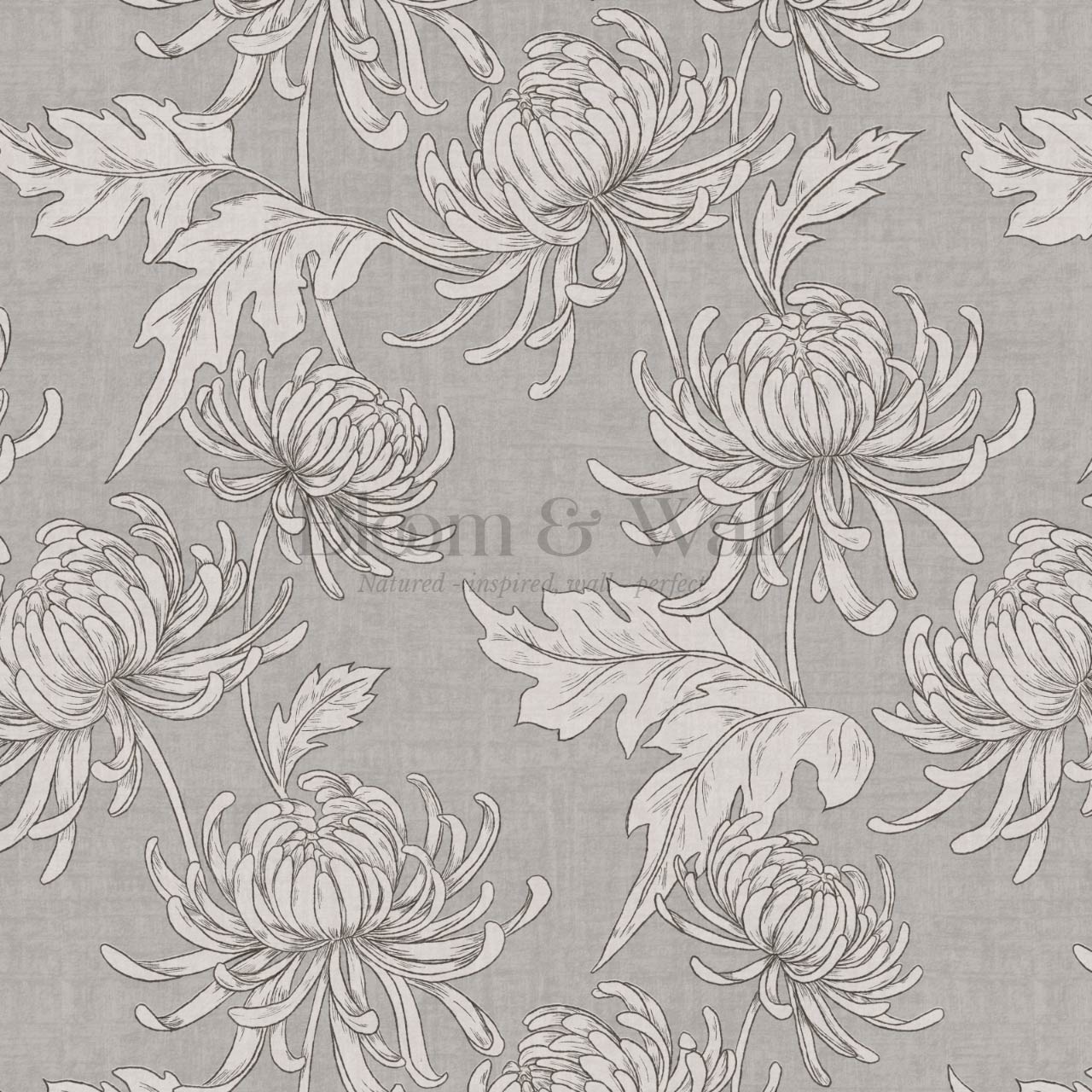 Qiana Large Chrysanthemums Silver Dove Gray Wallpaper