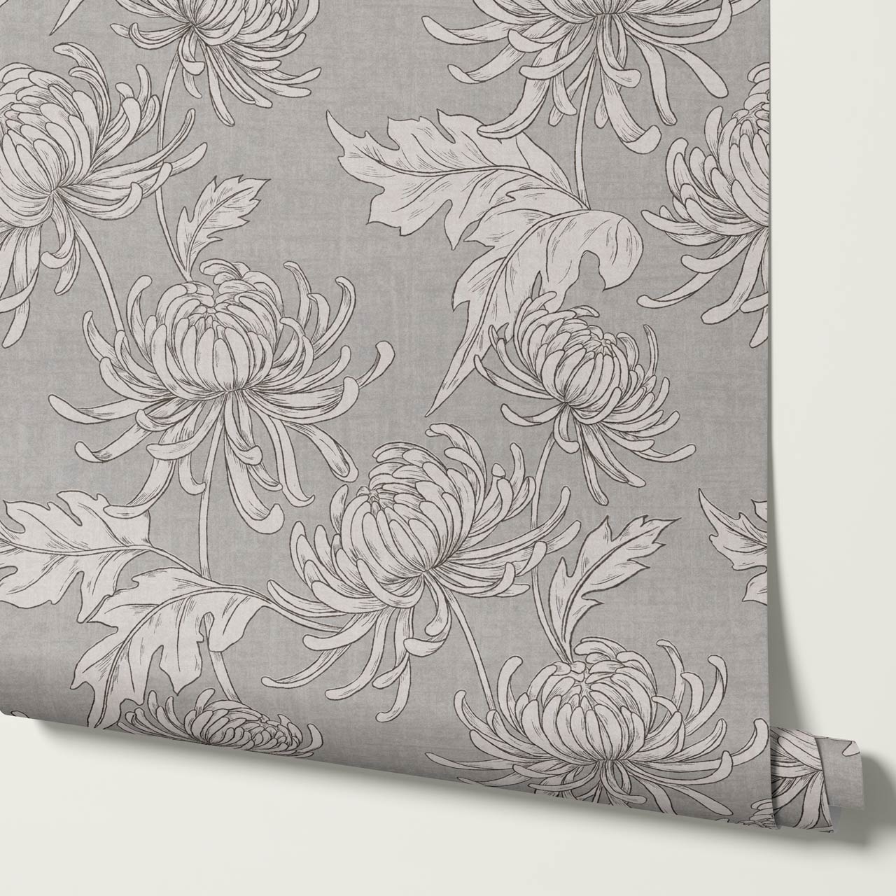 Qiana Large Chrysanthemums Silver Dove Gray Wallpaper