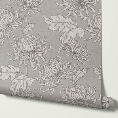 Qiana Large Chrysanthemums Silver Dove Gray Wallpaper