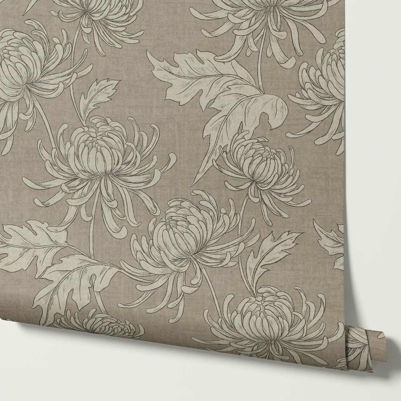 Qiana Large Chrysanthemums Olive Stone Wallpaper