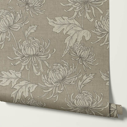 Qiana Large Chrysanthemums Olive Stone Wallpaper