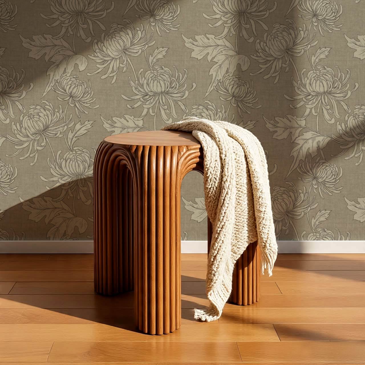 Qiana Large Chrysanthemums Olive Stone Wallpaper