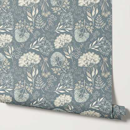 Queen Anne's Lace Botanicals Rain Blue Wallpaper
