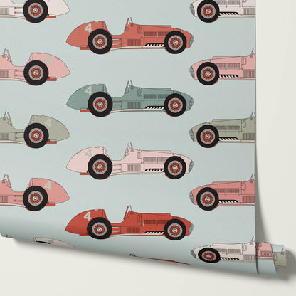 Raivo Race Cars Mauve Sage Wallpaper