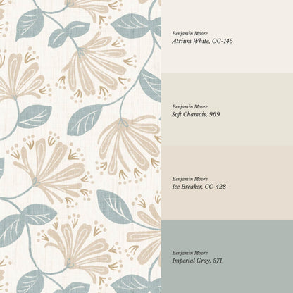 Raquel Honeysuckle Vines Vintage Teal Beige Wallpaper