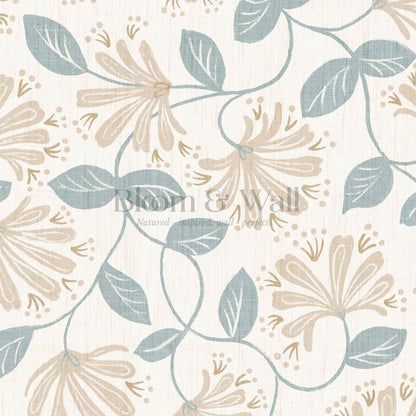Raquel Honeysuckle Vines Vintage Teal Beige Wallpaper