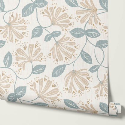 Raquel Honeysuckle Vines Vintage Teal Beige Wallpaper