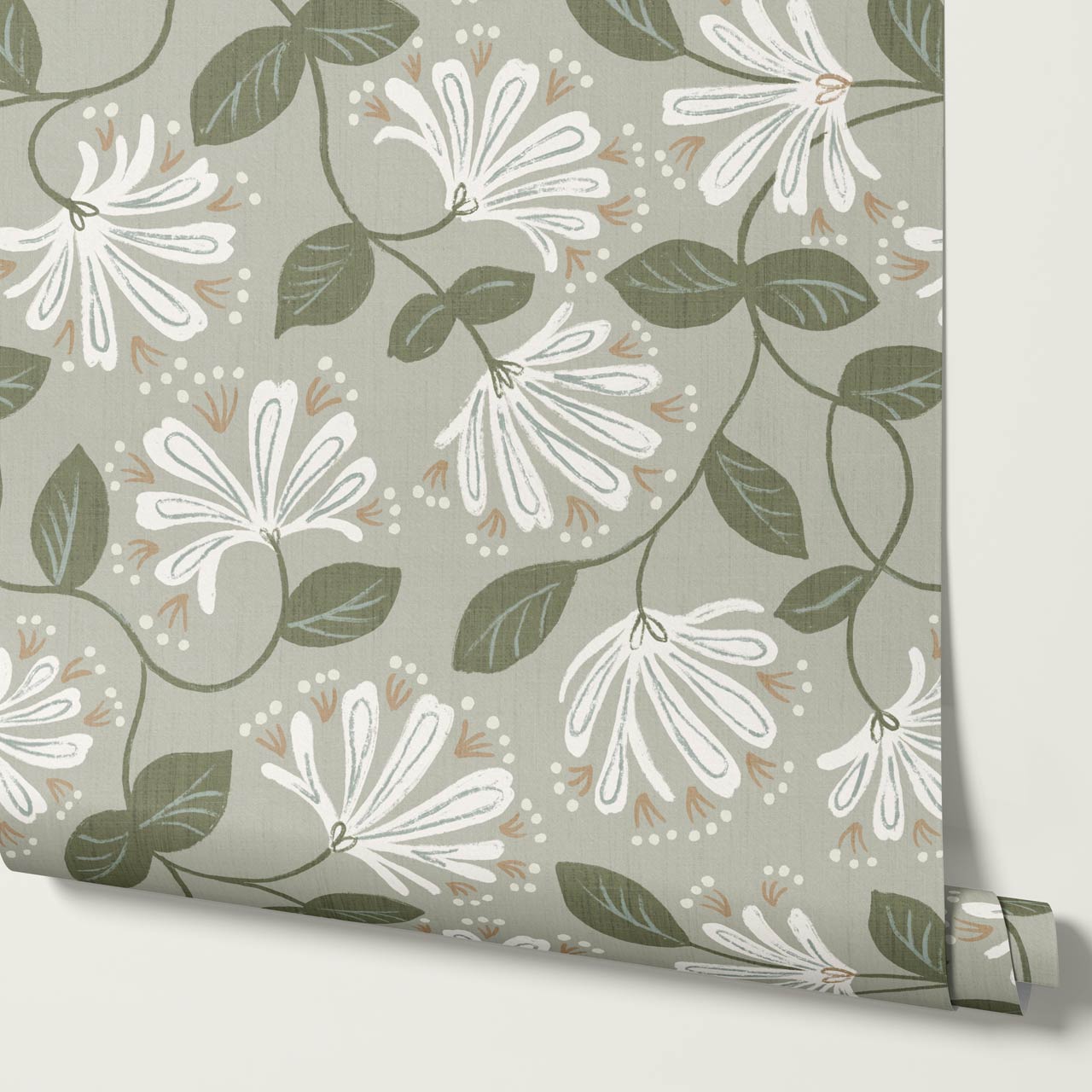 Raquel Honeysuckle Vines Sage Forest Off White Wallpaper