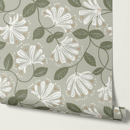 Raquel Honeysuckle Vines Sage Forest Off White Wallpaper