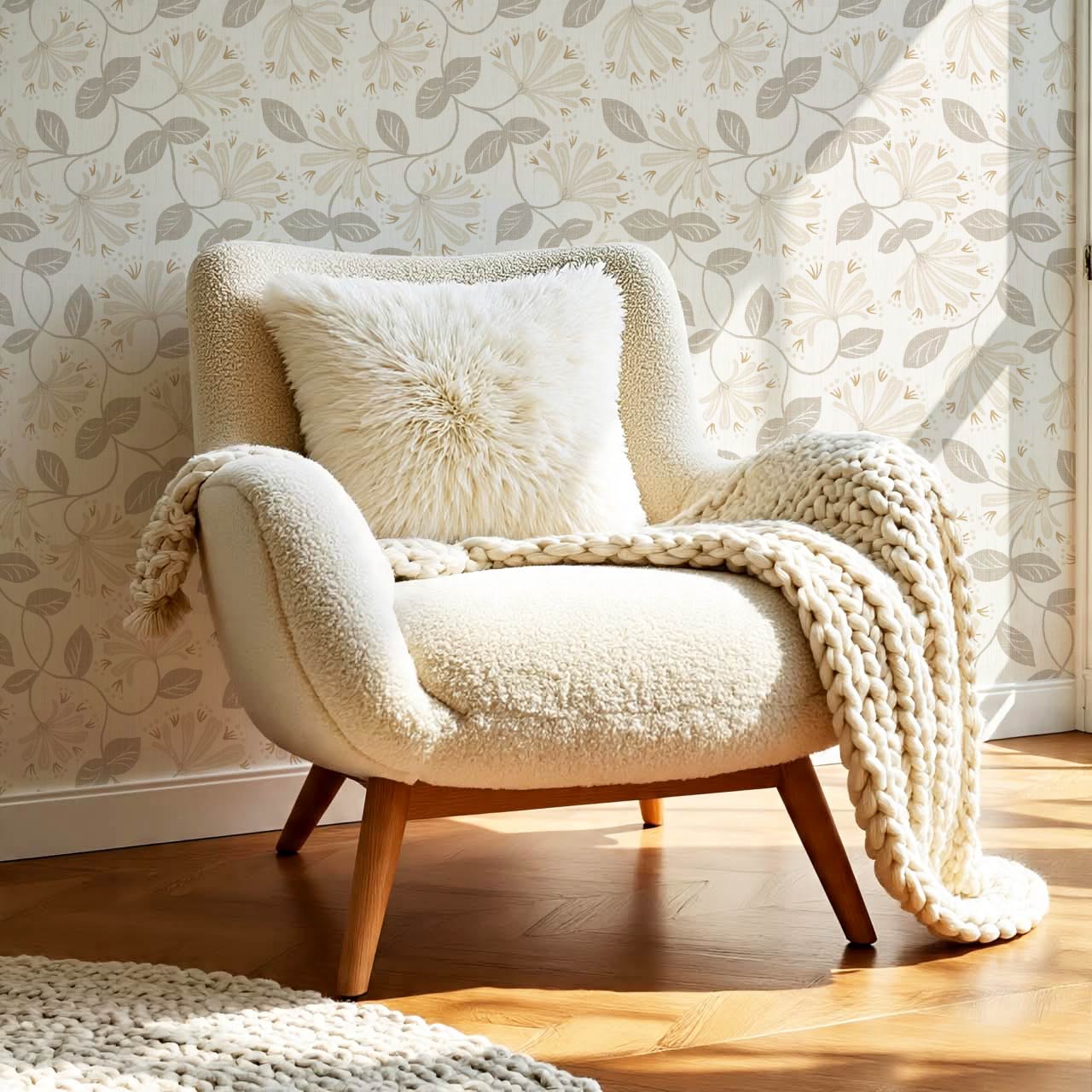 Raquel Honeysuckle Vines Neutral Beige Wallpaper