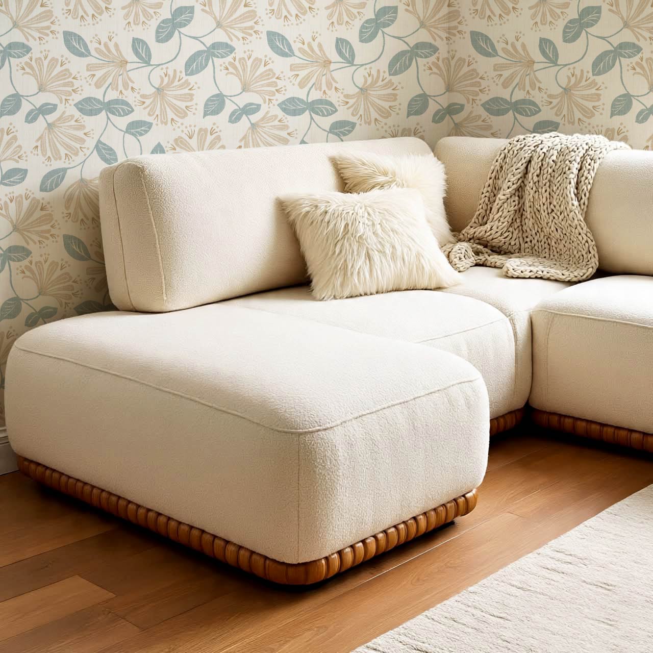 Raquel Honeysuckle Vines Vintage Teal Beige Wallpaper