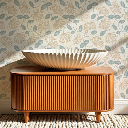 Raquel Honeysuckle Vines Vintage Teal Beige Wallpaper
