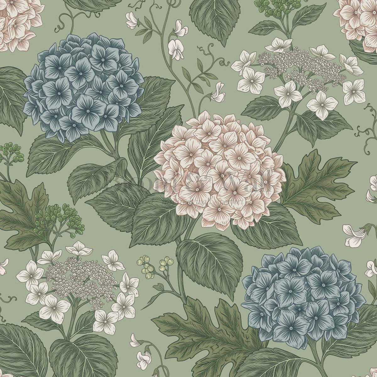 Regina Hydrangea Forest Green Petal Wallpaper