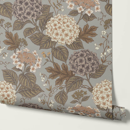 Regina Hydrangea Dove Gray Brown Wallpaper
