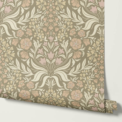 Rimia English Garden Green Olive Beige Pale Mauve Wallpaper