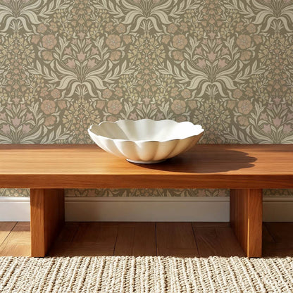Rimia English Garden Green Olive Beige Pale Mauve Wallpaper