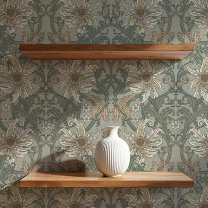 Robin Heritage Bloomery Sage Tan Wallpaper