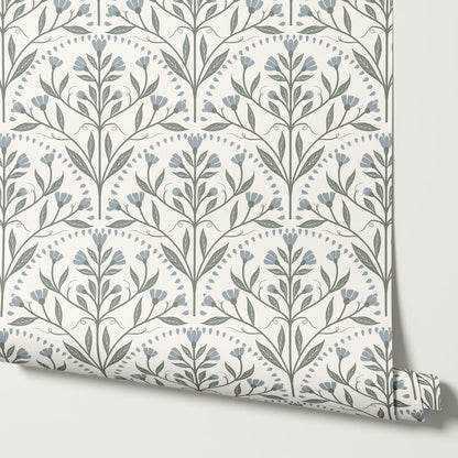 Rochelle Creeping Trellis Scallop Blue Green Wallpaper