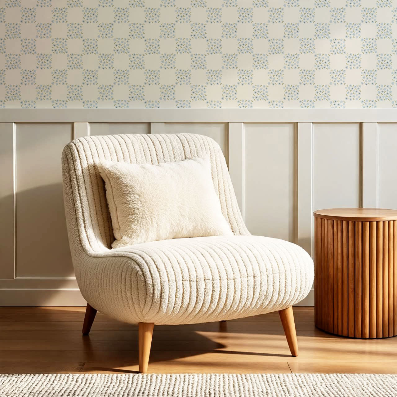Rosalie Floral Checkerboard Soft Blue Wallpaper