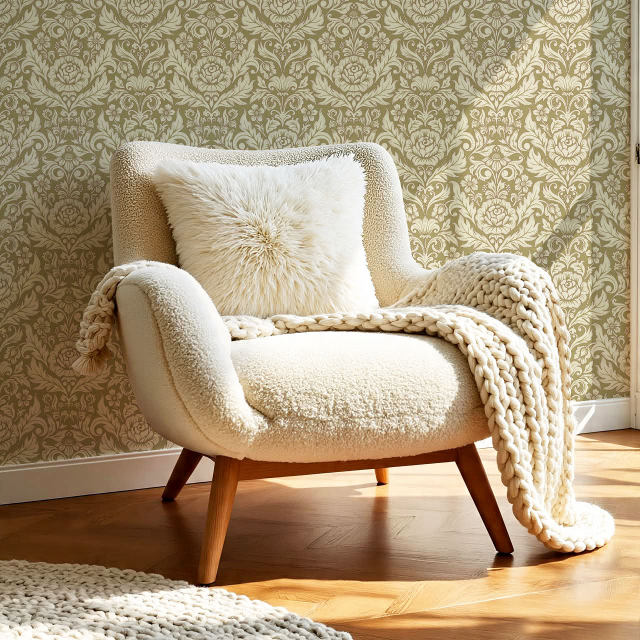 Rosalind Arya Versailles Damask Olive Wallpaper