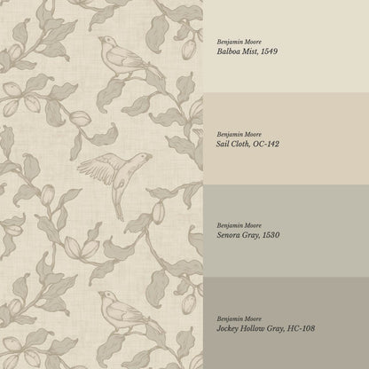 Rosallia Birdsong Branches White Coffee Olive Wallpaper