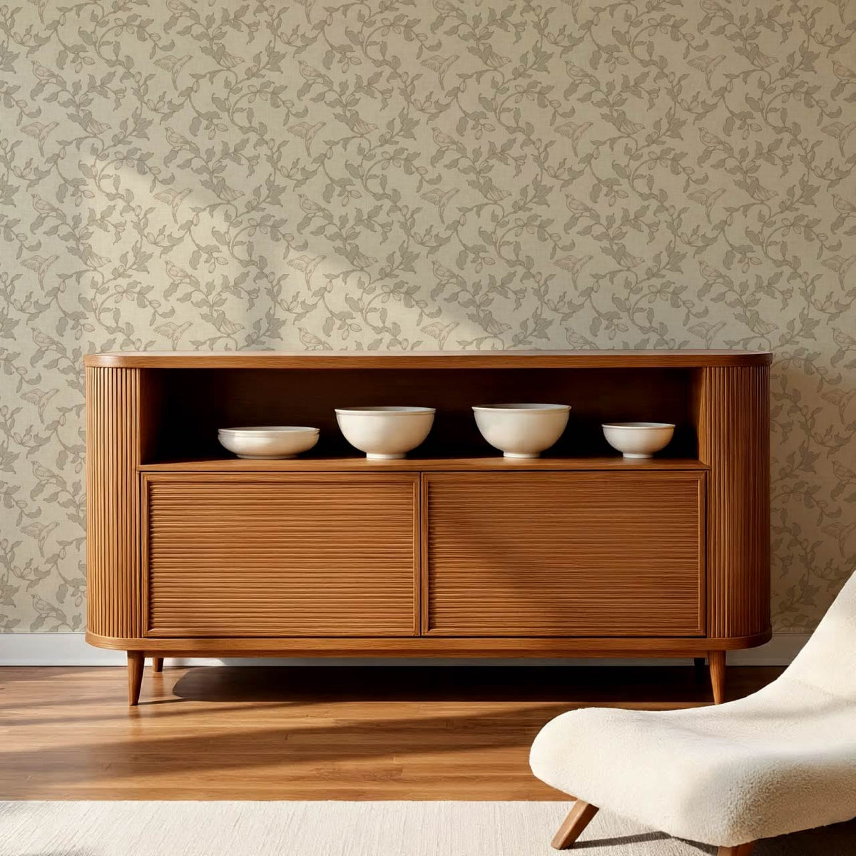 Rosallia Birdsong Branches White Coffee Olive Wallpaper