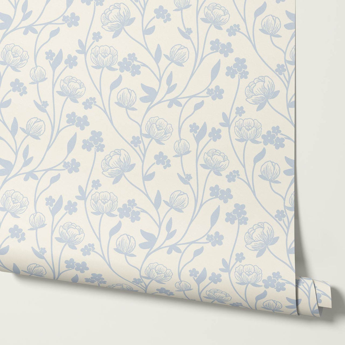 Rosario Delicate Blooms Sky Blue Cream Wallpaper