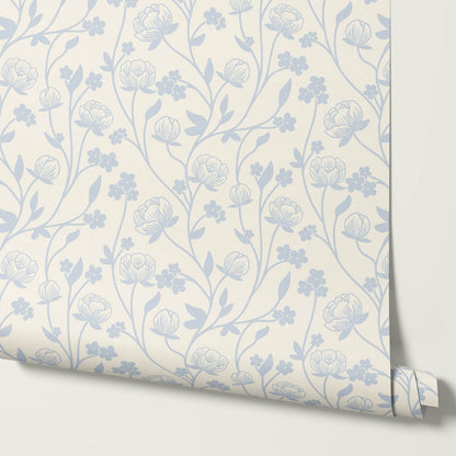 Rosario Delicate Blooms Sky Blue Cream Wallpaper
