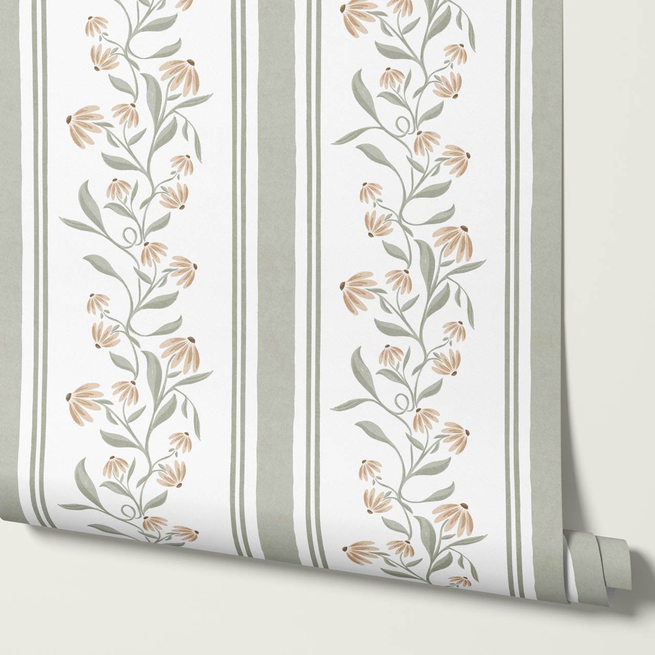 Rumi Climbing Coneflowers Sage Off-White Wallpaper