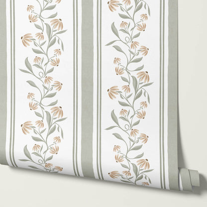 Rumi Climbing Coneflowers Sage Off-White Wallpaper