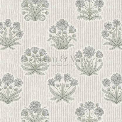 Runa Retro Prairie Folk Flower Blue Gray Ivory Wallpaper