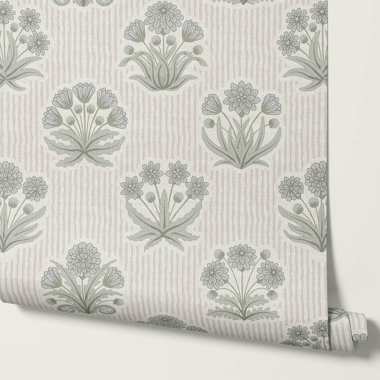 Runa Retro Prairie Folk Flower Blue Gray Ivory Wallpaper