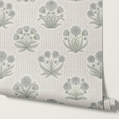 Runa Retro Prairie Folk Flower Blue Gray Ivory Wallpaper