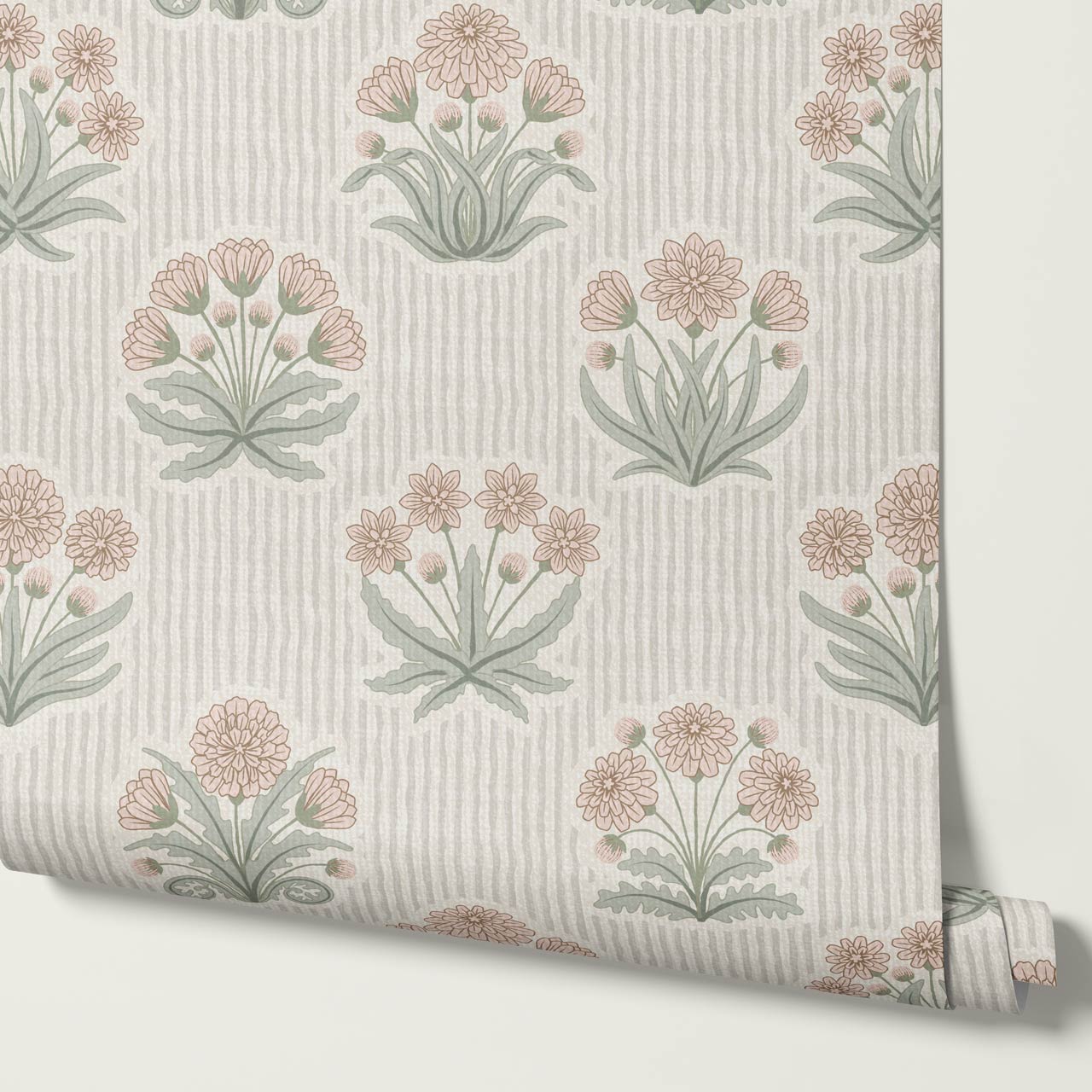 Runa Retro Prairie Folk Flower Pale Coral Ivory Wallpaper