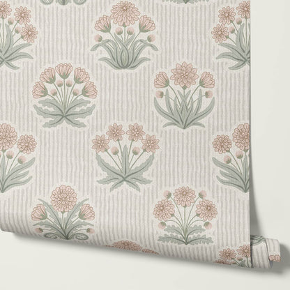 Runa Retro Prairie Folk Flower Pale Coral Ivory Wallpaper