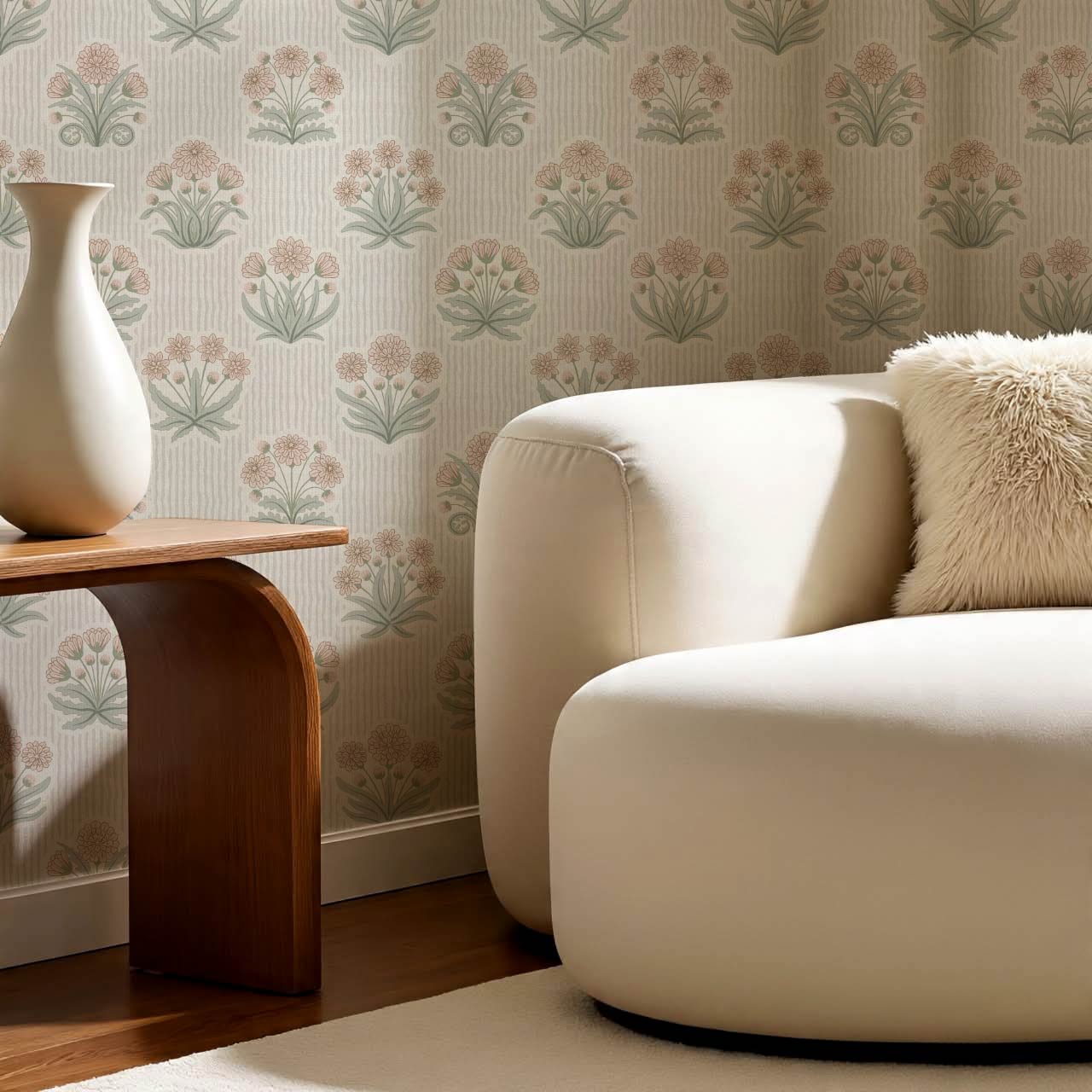 Runa Retro Prairie Folk Flower Pale Coral Ivory Wallpaper