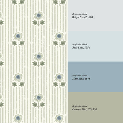 Ruth Floral Textured Stripes Blue Sage Wallpaper