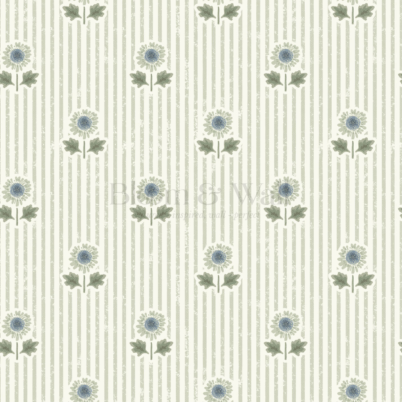 Ruth Floral Textured Stripes Blue Sage Wallpaper