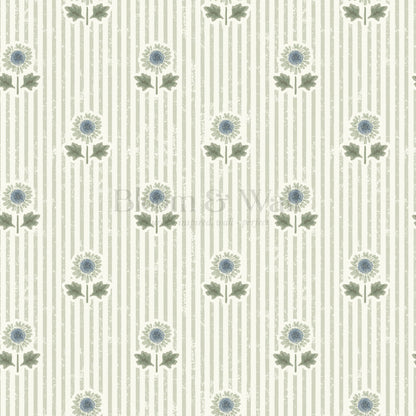 Ruth Floral Textured Stripes Blue Sage Wallpaper