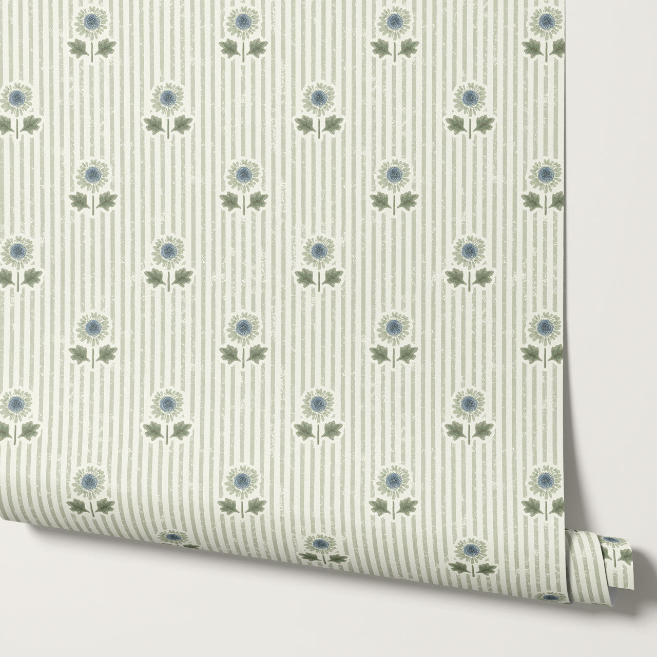 Ruth Floral Textured Stripes Blue Sage Wallpaper