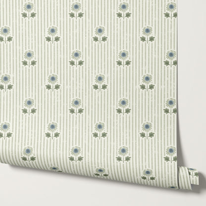 Ruth Floral Textured Stripes Blue Sage Wallpaper