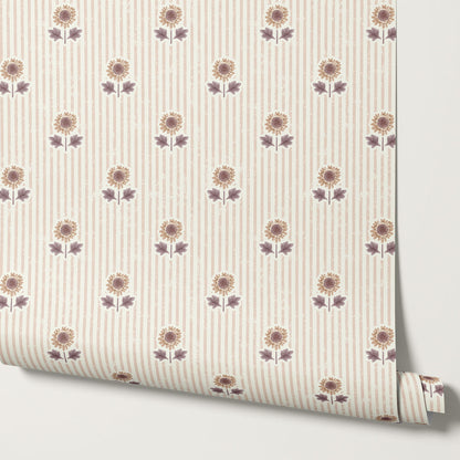Ruth Floral Textured Stripes Mauve Wallpaper