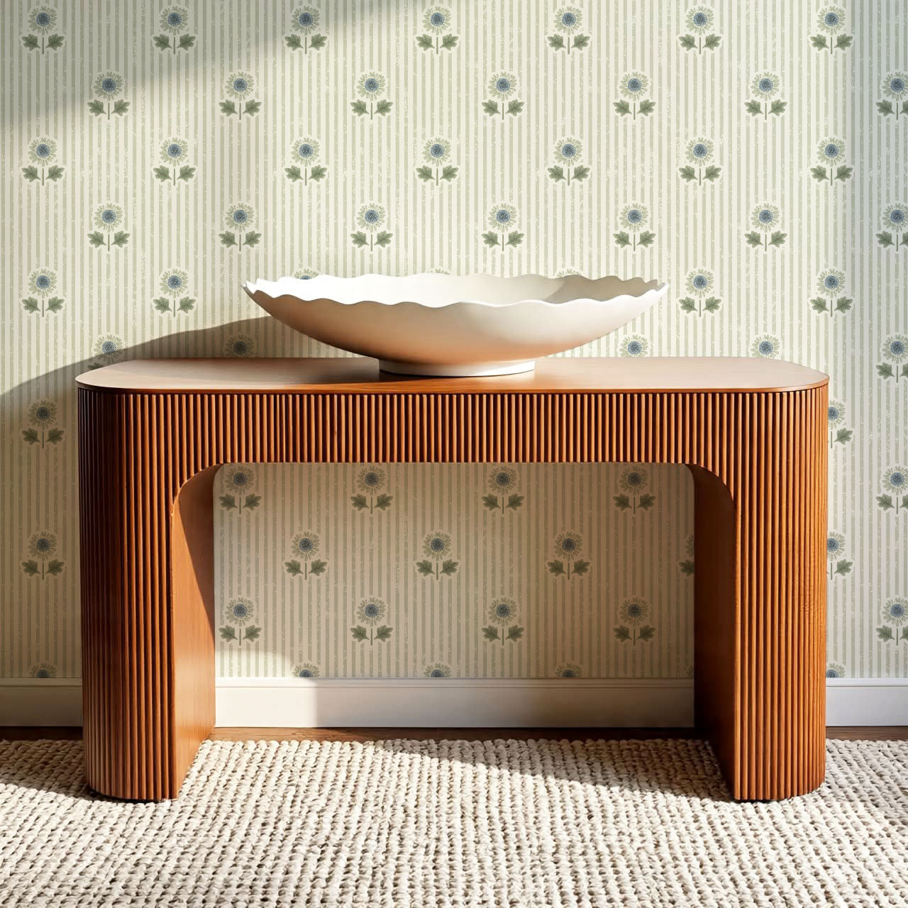 Ruth Floral Textured Stripes Blue Sage Wallpaper