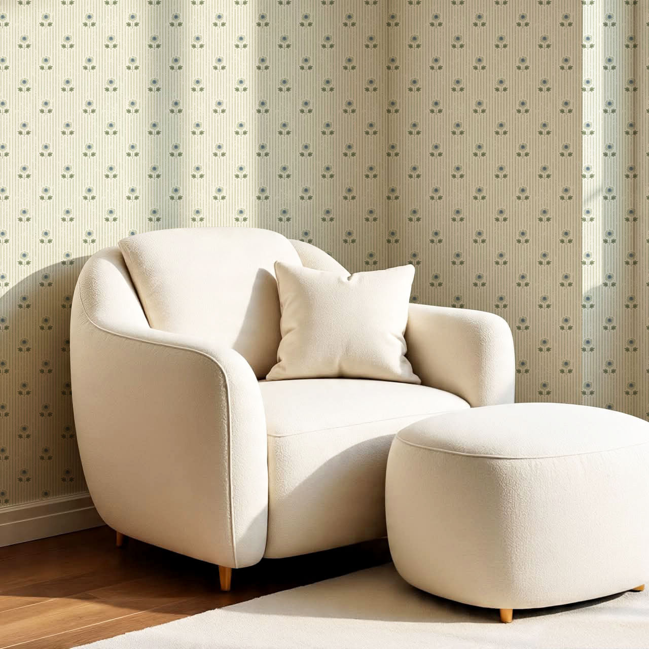 Ruth Floral Textured Stripes Blue Sage Wallpaper